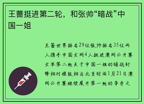 王蔷挺进第二轮，和张帅“暗战”中国一姐